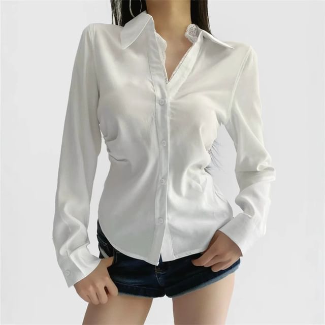 Long Sleeve V-Neck Lace Trim Blouse