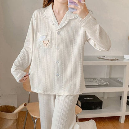 Lace Trim Button Up Pajama Set Top and Pants