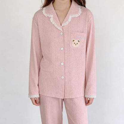 Lace Trim Button Up Pajama Set Top and Pants