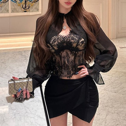 V Neck Lace Crop Camisole Top / Mesh Shrug