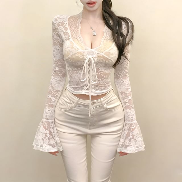V Neck Lace Crop Long Sleeve Top