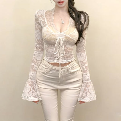 V Neck Lace Crop Long Sleeve Top