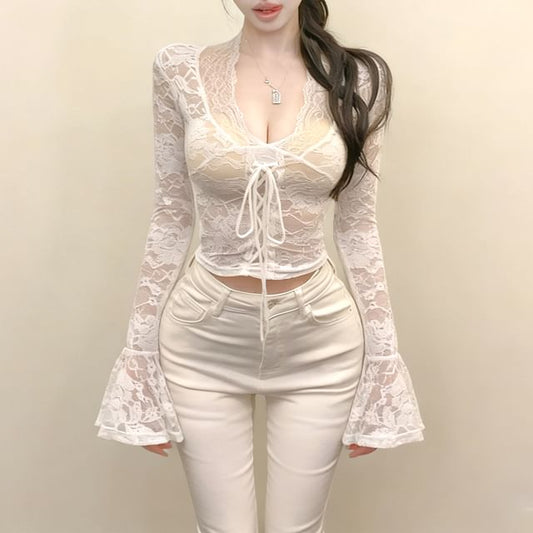 V Neck Lace Crop Long Sleeve Top