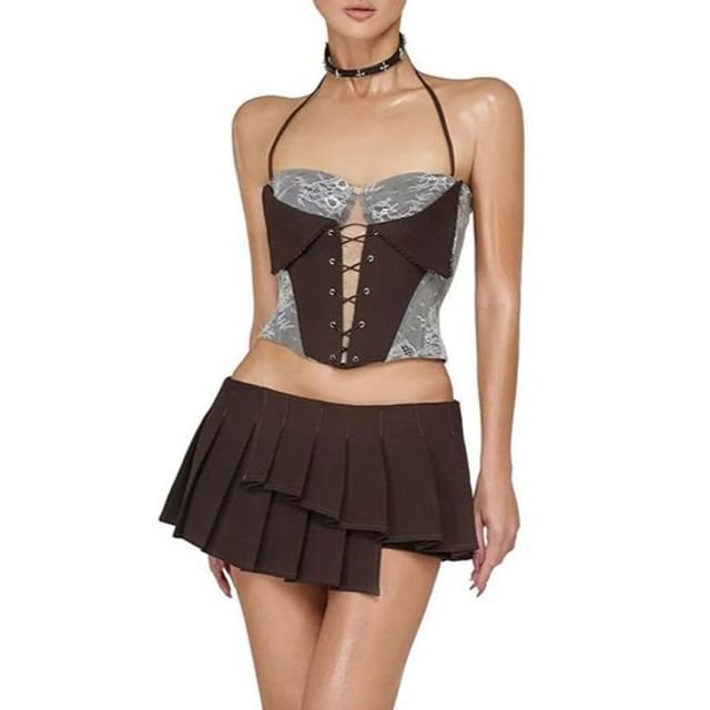 Halter Neck Lace Panel Open Back Crop Top / Low Rise Pleated Skirt