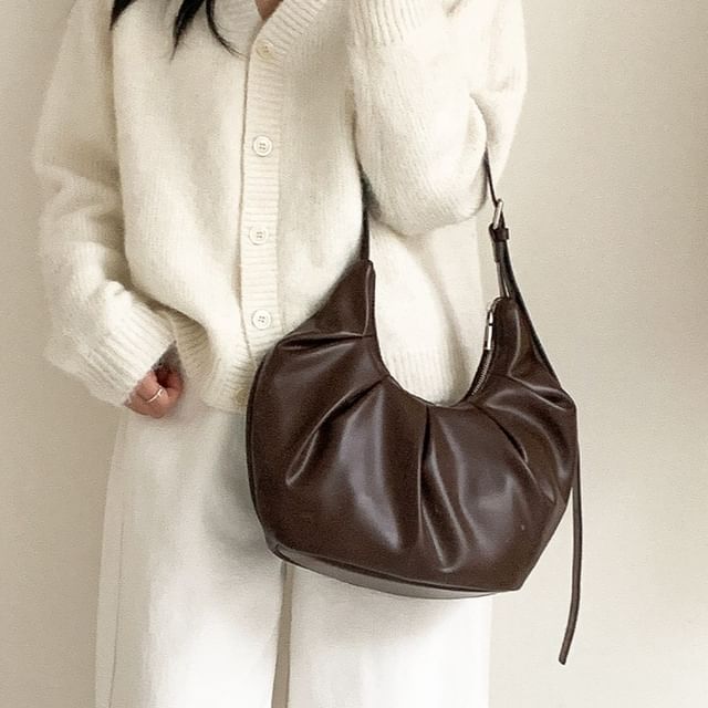 Ruched Faux Leather Shoulder Bag