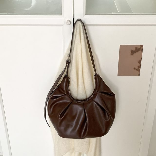 Ruched Faux Leather Shoulder Bag