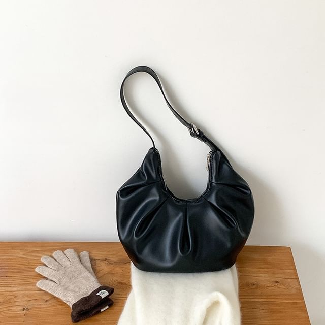Ruched Faux Leather Shoulder Bag