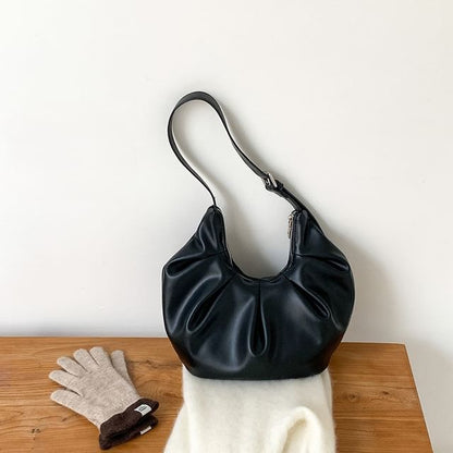 Ruched Faux Leather Shoulder Bag