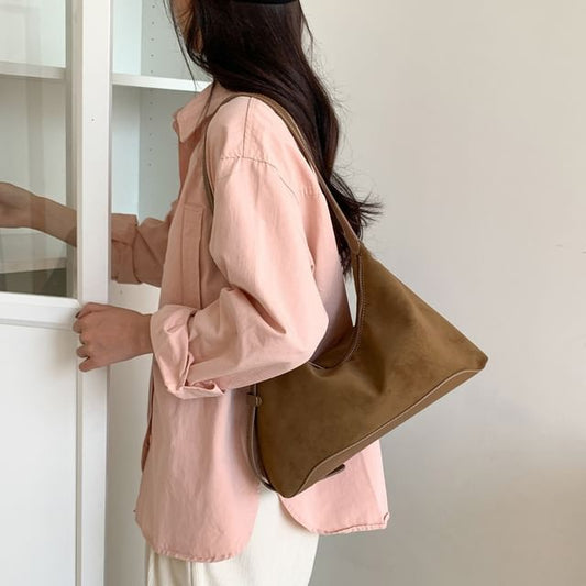 Buckled Panel Faux Suede Shoulder Bag