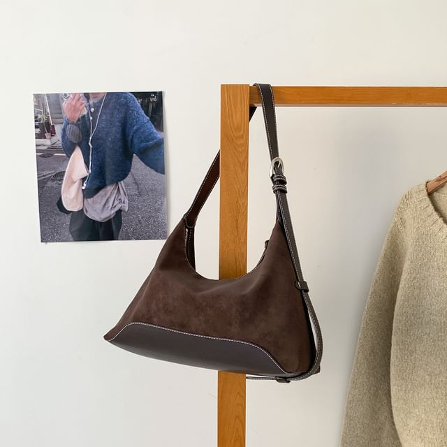 Buckled Panel Faux Suede Shoulder Bag