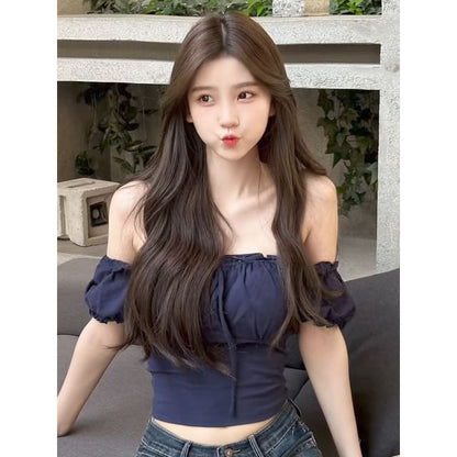 Puff Sleeve Off-Shoulder Crop Top with Drawstring - Fitted