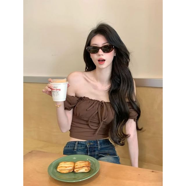 Puff Sleeve Off-Shoulder Crop Top with Drawstring - Fitted