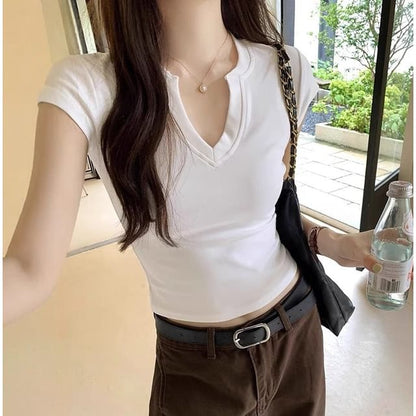 V-Neck Cropped Tee - Short Sleeve Slim Fit