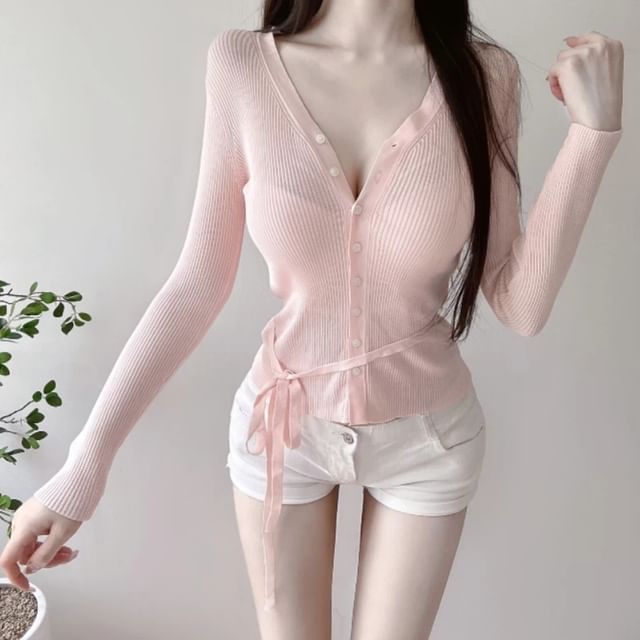 V-Neck Plain Ribbed Tie-Waist Cardigan
