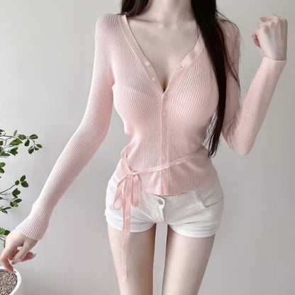 V-Neck Plain Ribbed Tie-Waist Cardigan