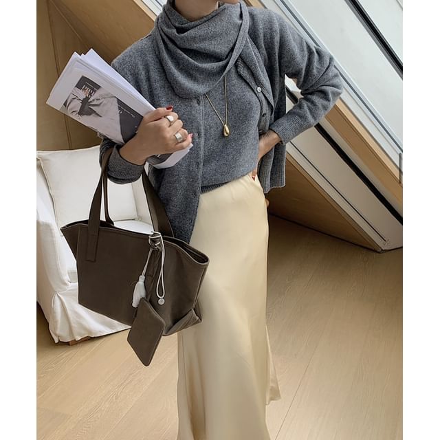 Knit Top with Cardigan and Scarf Set - Crew Neck Short Sleeve