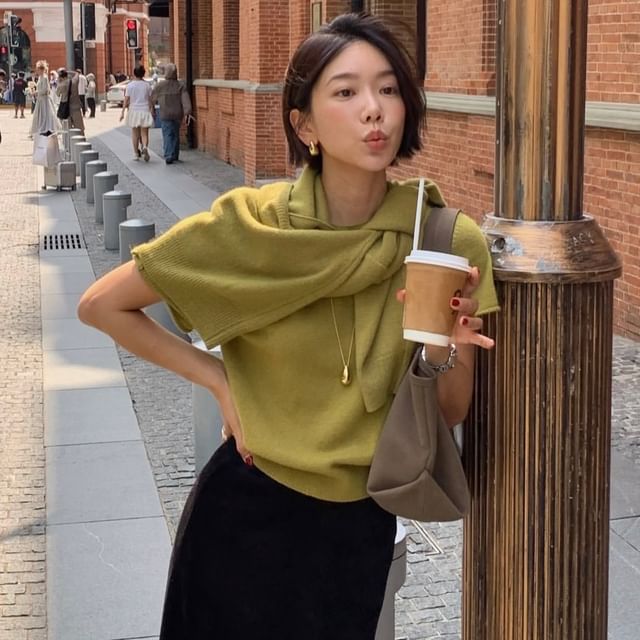 Knit Top with Cardigan and Scarf Set - Crew Neck Short Sleeve