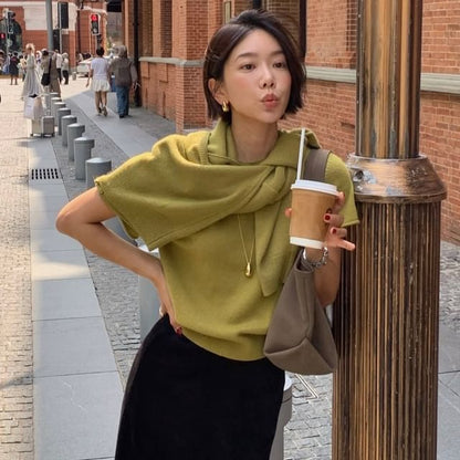 Knit Top with Cardigan and Scarf Set - Crew Neck Short Sleeve