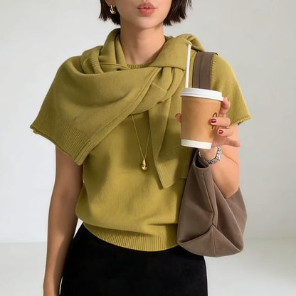Knit Top with Cardigan and Scarf Set - Crew Neck Short Sleeve