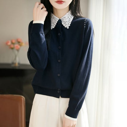 Lace Collar Plain Cardigan