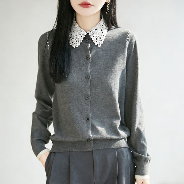Lace Collar Plain Cardigan