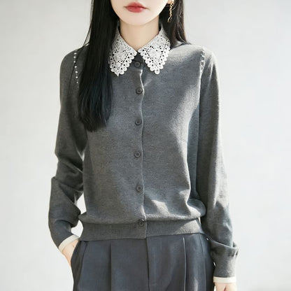 Lace Collar Plain Cardigan