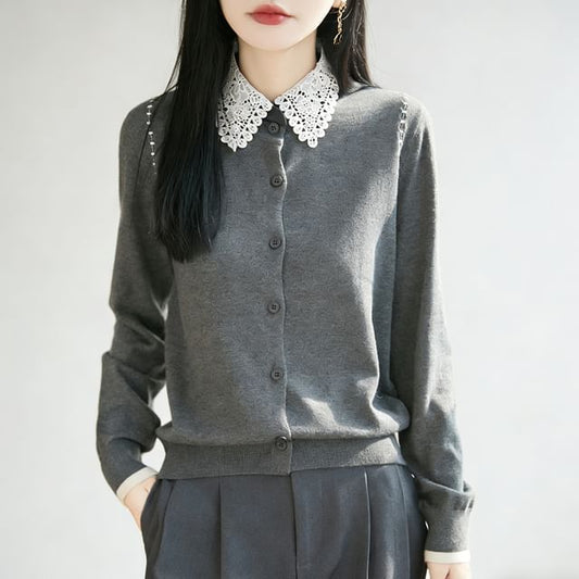 Lace Collar Plain Cardigan