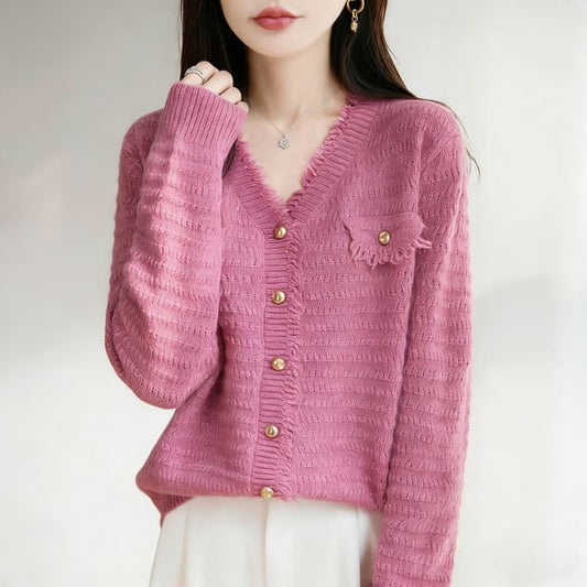V-Neck Frayed Plain Cardigan