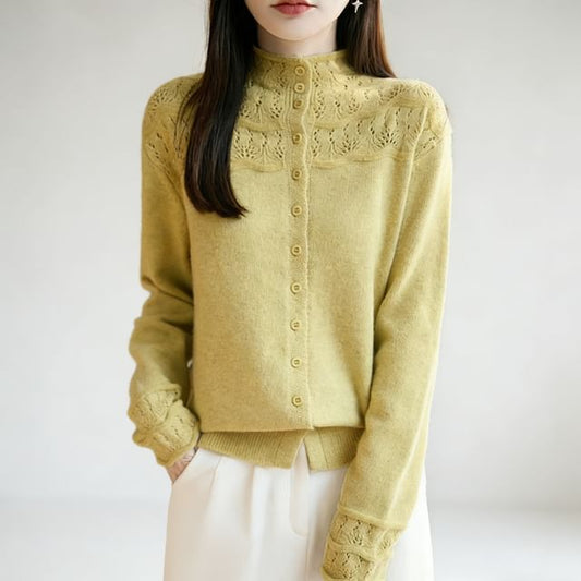 Mock Neck Lace Panel Plain Cardigan