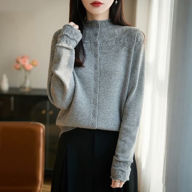 Mock Neck Lace Panel Plain Cardigan