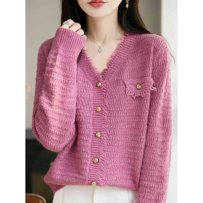 V-Neck Frayed Plain Cardigan