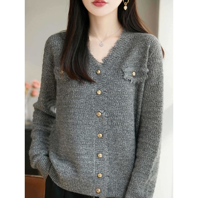 V-Neck Frayed Plain Cardigan