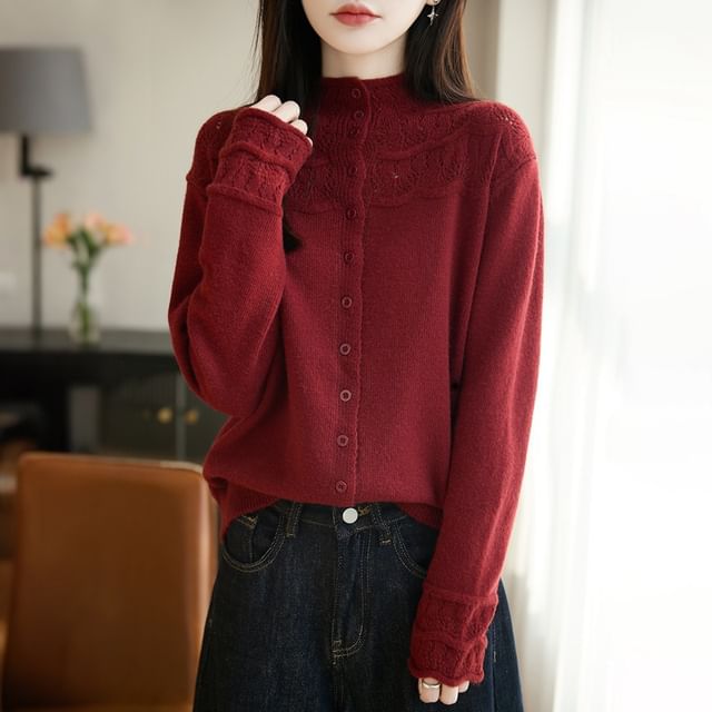Mock Neck Lace Panel Plain Cardigan