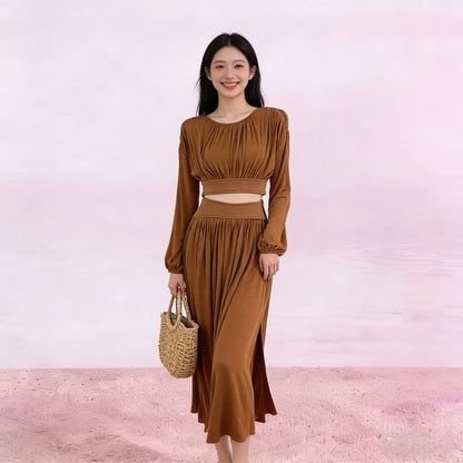 Puff-Sleeve Crop Top and Midi A-Line Skirt Set