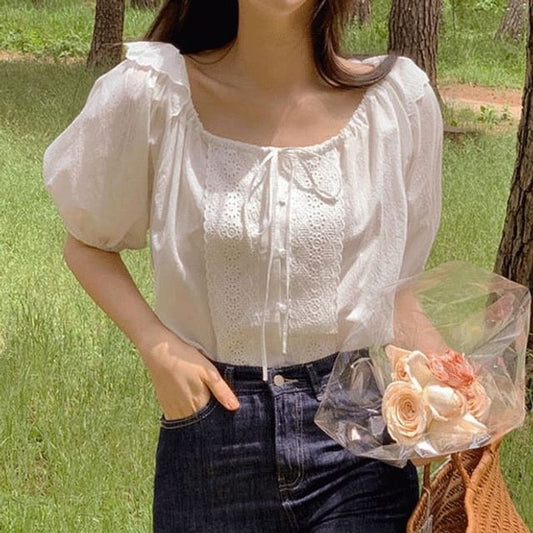 Puff-Sleeve Square Neck Lace Panel Blouse