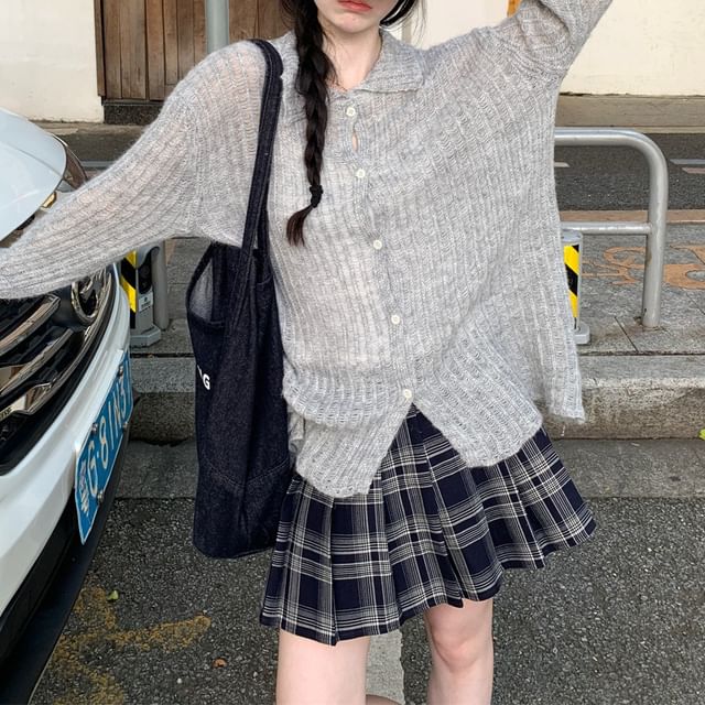 Collared Ribbed Plain Cardigan