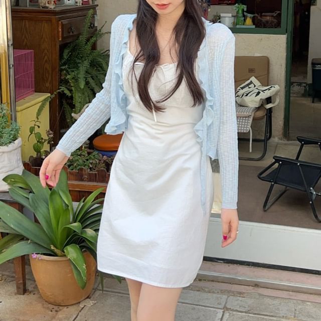 Plain Crop Cardigan / Spaghetti Strap Mini Dress