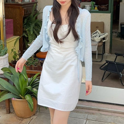 Plain Crop Cardigan / Spaghetti Strap Mini Dress