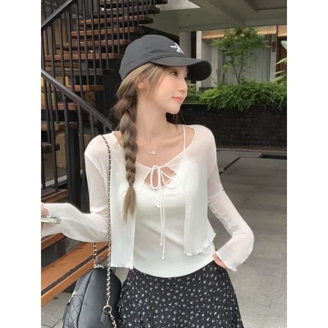 Long sleeve V-Neck Plain Tie-Front Crop Light Cardigan