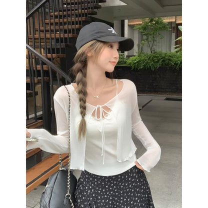 Long sleeve V-Neck Plain Tie-Front Crop Light Cardigan