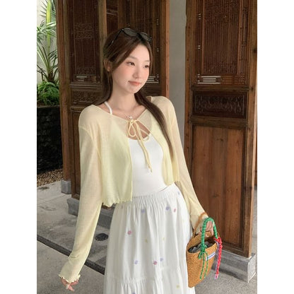 Long sleeve V-Neck Plain Tie-Front Crop Light Cardigan