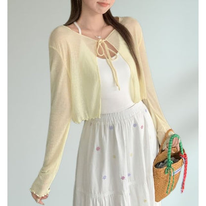 Long sleeve V-Neck Plain Tie-Front Crop Light Cardigan