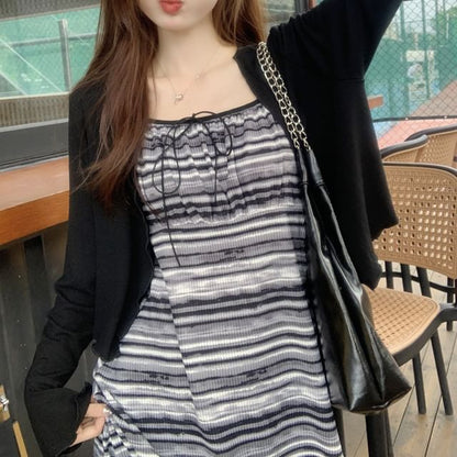 Plain Cardigan / Spaghetti Strap Striped Maxi Dress