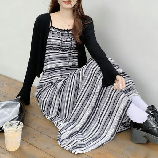 Plain Cardigan / Spaghetti Strap Striped Maxi Dress