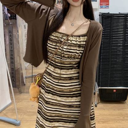 Plain Cardigan / Spaghetti Strap Striped Maxi Dress