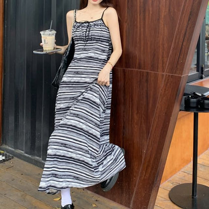 Plain Cardigan / Spaghetti Strap Striped Maxi Dress