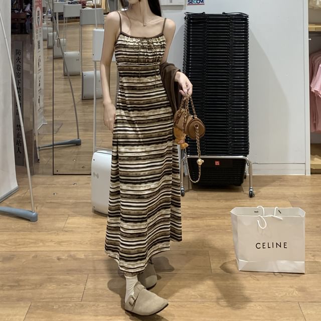 Plain Cardigan / Spaghetti Strap Striped Maxi Dress