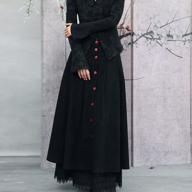 Contrast Stitch Layered Corduroy A-Line Maxi Skirt - Altfashion Shop