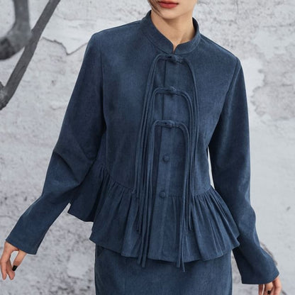 Brown Corduroy Peplum Blouse with Frog Closures - Altfashion Shop
