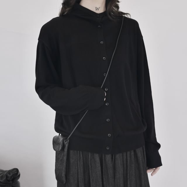 Stand Collar Button-Up Plain Cardigan